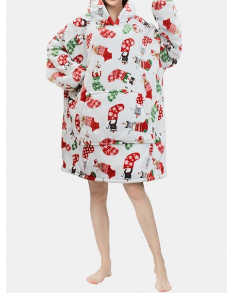 Women Thick Christmas Cartoon Animal Print Flannel Fleece Lined Oversized Warm Pajamas - Red Free Size