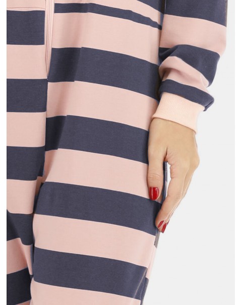 Plus Size Women Classic Stripe Print Round Neck Zipper Long Sleeve Sleepwear Home Rompers - Red 12