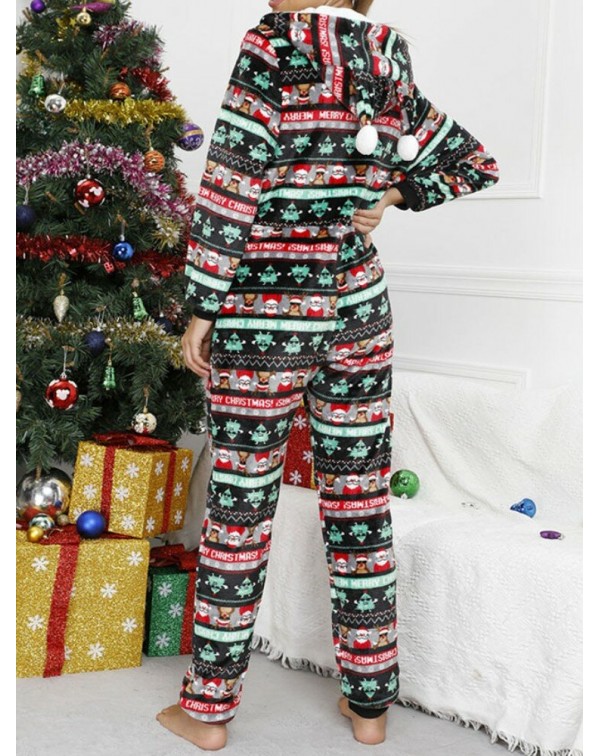 Women Christmas Flannel Printed Zip Ear Detail Lon...