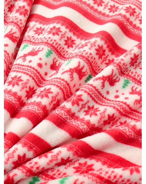 Women Thick Christmas Snowflake Elk Print Flannel Fleece Lined Warm Pajamas - Red Free Size