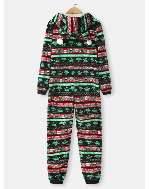 Women Christmas Flannel Printed Zip Ear Detail Long Sleeve Onesies Hooded Pajamas - Rose Red S