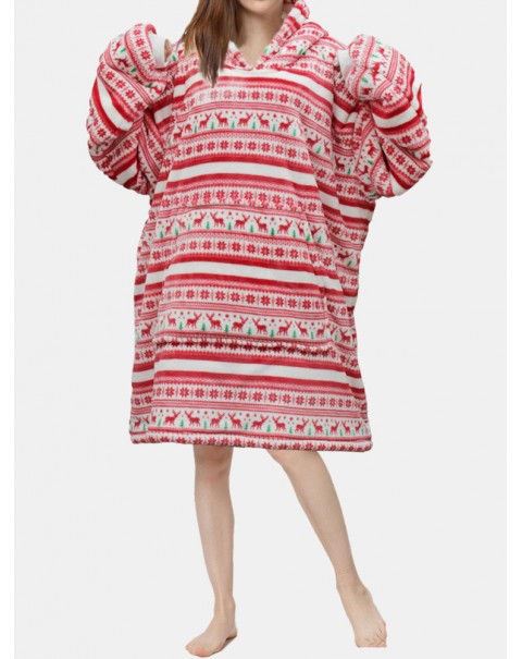 Women Thick Christmas Snowflake Elk Print Flannel Fleece Lined Warm Pajamas - Red Free Size