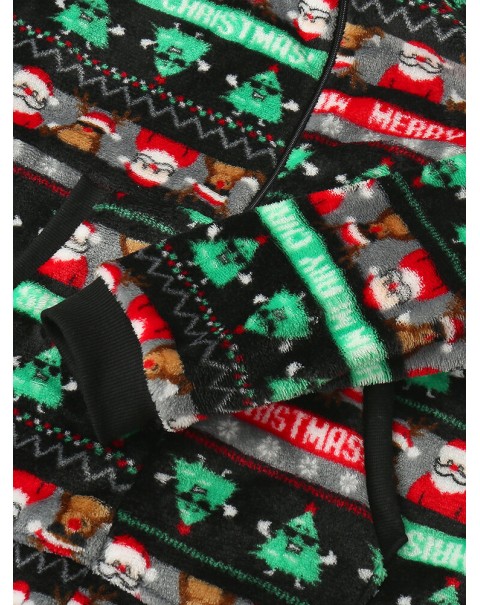 Women Christmas Flannel Printed Zip Ear Detail Long Sleeve Onesies Hooded Pajamas - Rose Red S