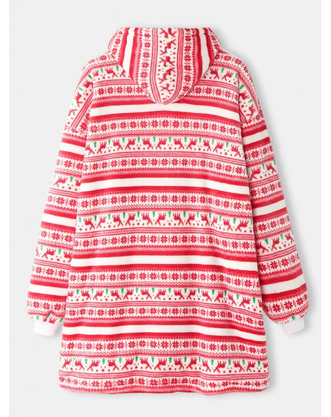 Women Thick Christmas Snowflake Elk Print Flannel Fleece Lined Warm Pajamas - Red Free Size
