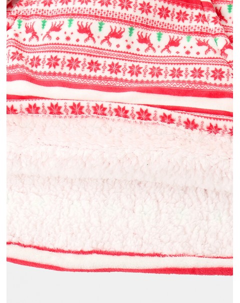 Women Thick Christmas Snowflake Elk Print Flannel Fleece Lined Warm Pajamas - Red Free Size