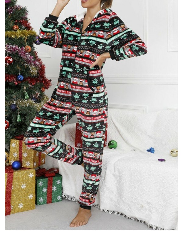 Women Christmas Flannel Printed Zip Ear Detail Lon...
