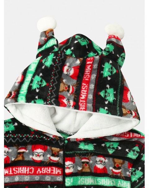 Women Christmas Flannel Printed Zip Ear Detail Long Sleeve Onesies Hooded Pajamas - Rose Red S