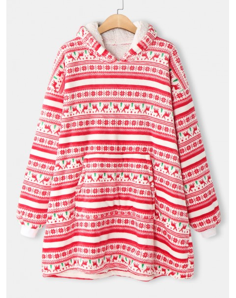 Women Thick Christmas Snowflake Elk Print Flannel Fleece Lined Warm Pajamas - Red Free Size