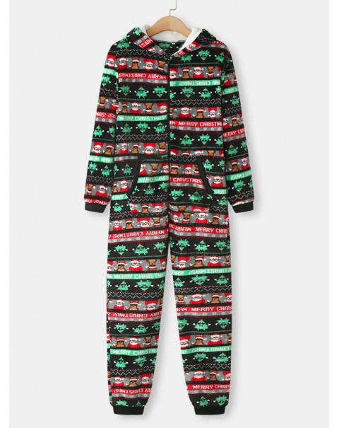 Women Christmas Flannel Printed Zip Ear Detail Long Sleeve Onesies Hooded Pajamas - Rose Red S