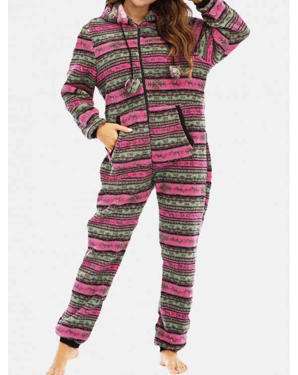 Women Christmas Fleece Striped Home Drawstring Lon...