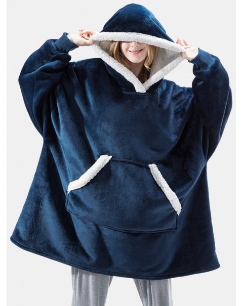 Women Flannel Oversized Blanket Hoodies Thicken Warm Sleepwear Robes With Pocket - Navy One Size