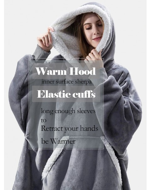 Women Flannel Oversized Blanket Hoodies Thicken Warm Sleepwear Robes With Pocket - Navy One Size
