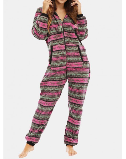 Women Christmas Fleece Striped Home Drawstring Long Sleeve One Sets Hooded Pajamas - Rose Red S
