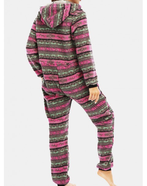 Women Christmas Fleece Striped Home Drawstring Long Sleeve One Sets Hooded Pajamas - Rose Red S