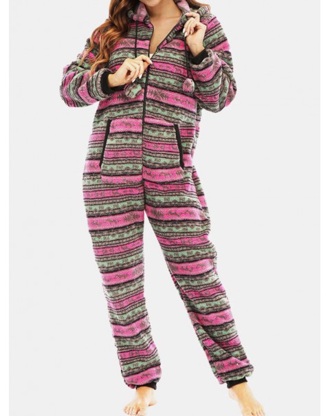 Women Christmas Fleece Striped Home Drawstring Long Sleeve One Sets Hooded Pajamas - Rose Red S