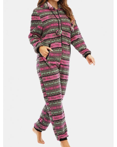 Women Christmas Fleece Striped Home Drawstring Long Sleeve One Sets Hooded Pajamas - Rose Red S