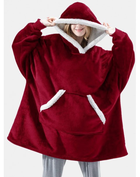 Women Flannel Oversized Blanket Hoodies Thicken Warm Sleepwear Robes With Pocket - Navy One Size