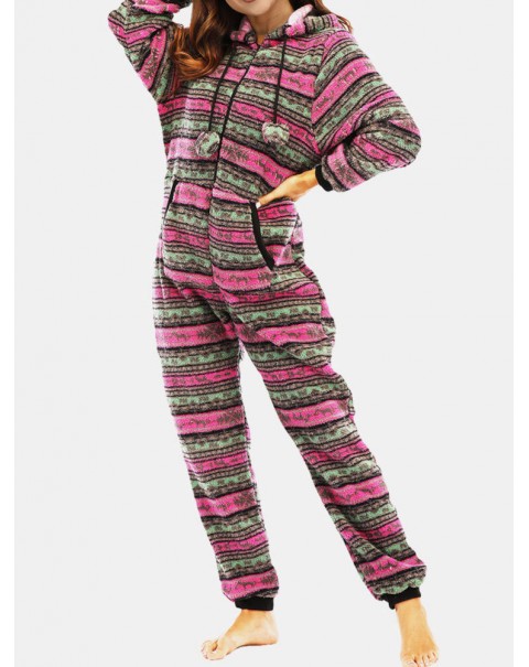 Women Christmas Fleece Striped Home Drawstring Long Sleeve One Sets Hooded Pajamas - Rose Red S