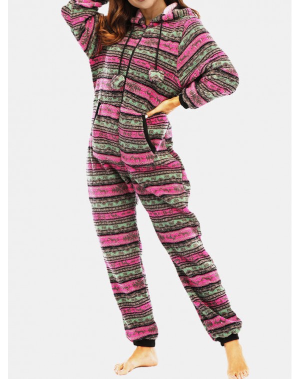Women Christmas Fleece Striped Home Drawstring Lon...