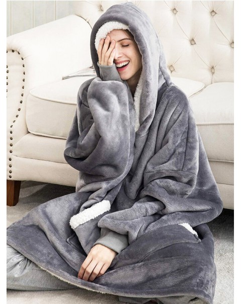 Women Flannel Oversized Blanket Hoodies Thicken Warm Sleepwear Robes With Pocket - Navy One Size