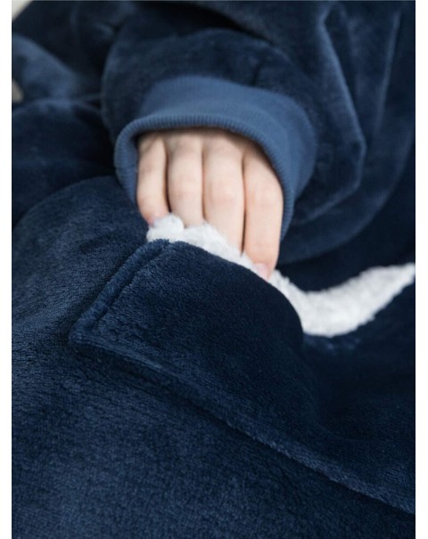 Women Flannel Oversized Blanket Hoodies Thicken Warm Sleepwear Robes With Pocket - Navy One Size