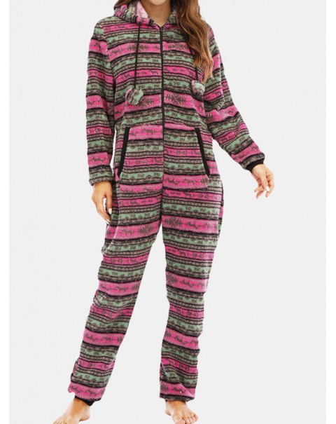 Women Christmas Fleece Striped Home Drawstring Long Sleeve One Sets Hooded Pajamas - Rose Red S