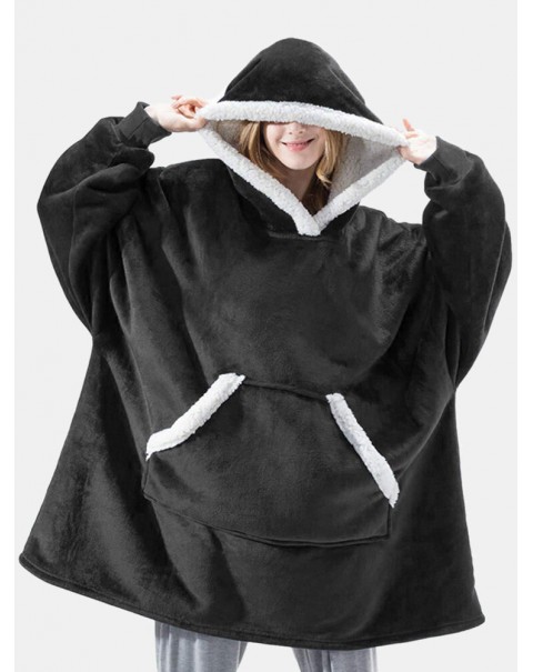Women Flannel Oversized Blanket Hoodies Thicken Warm Sleepwear Robes With Pocket - Navy One Size