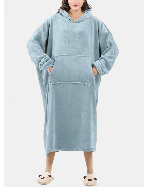 Women Fluffy Flannel Warm Wearable Blanket Home Oversized Long Hoodie With Kangaroo Pocket - Apricot One Size