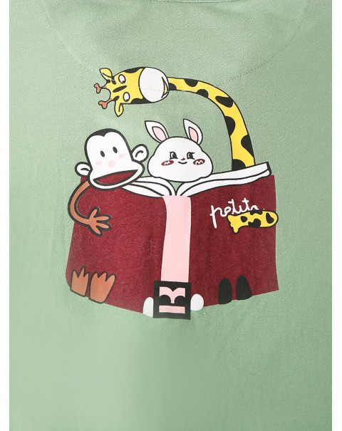 Women Cartoon Print Shirt Elastic Waist Pocket Pants Home Pajamas Set - Green 14