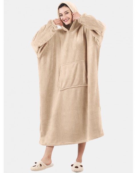 Women Fluffy Flannel Warm Wearable Blanket Home Oversized Long Hoodie With Kangaroo Pocket - Apricot One Size