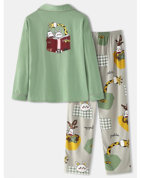 Women Cartoon Print Shirt Elastic Waist Pocket Pants Home Pajamas Set - Green 14