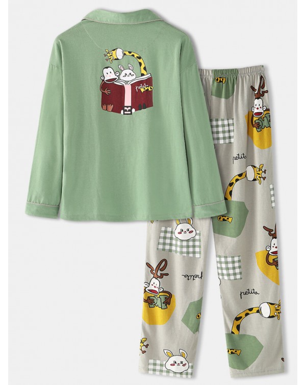 Women Cartoon Print Shirt Elastic Waist Pocket Pan...