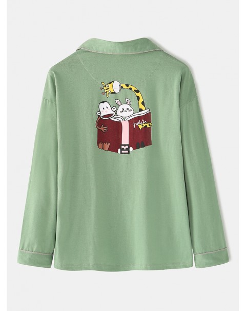 Women Cartoon Print Shirt Elastic Waist Pocket Pants Home Pajamas Set - Green 14