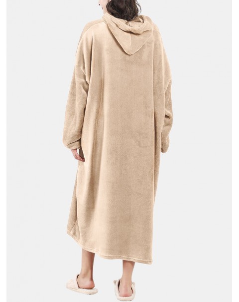 Women Fluffy Flannel Warm Wearable Blanket Home Oversized Long Hoodie With Kangaroo Pocket - Apricot One Size
