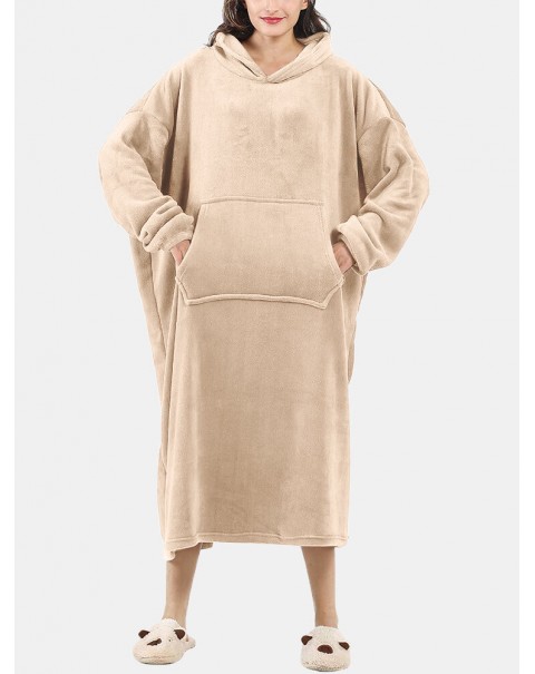 Women Fluffy Flannel Warm Wearable Blanket Home Oversized Long Hoodie With Kangaroo Pocket - Apricot One Size