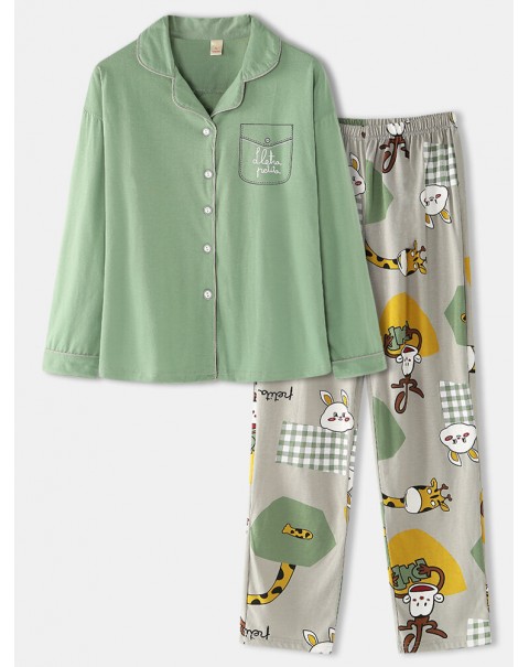 Women Cartoon Print Shirt Elastic Waist Pocket Pants Home Pajamas Set - Green 14