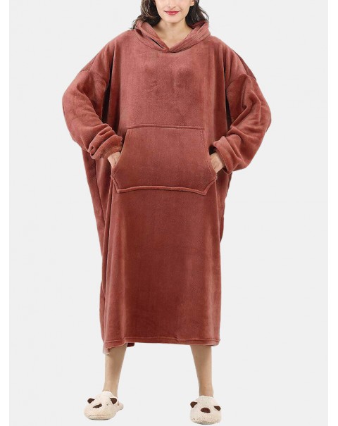 Women Fluffy Flannel Warm Wearable Blanket Home Oversized Long Hoodie With Kangaroo Pocket - Apricot One Size