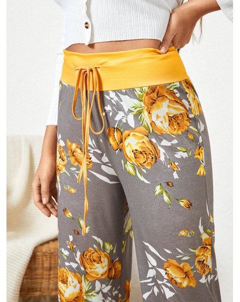 Women Plus Size Flowers Print Drawstring Waist Loose Home Casual Pajamas Pants - Yellow 8