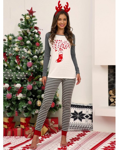 Women Christmas Raglan Sleeves Long Sleeve Pullover Stripe Jogger Pants Cozy Home Two Piece Pajama Set - Red 14