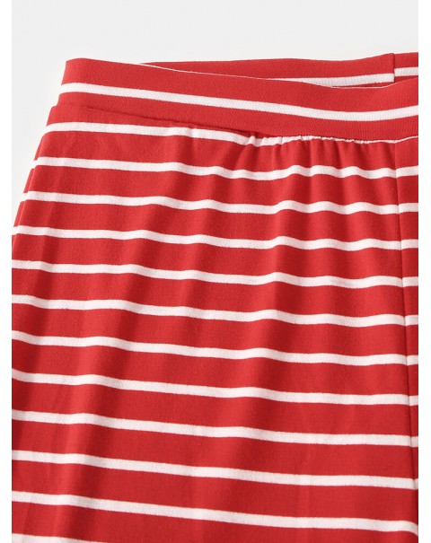 Women Christmas Raglan Sleeves Long Sleeve Pullover Stripe Jogger Pants Cozy Home Two Piece Pajama Set - Red 14