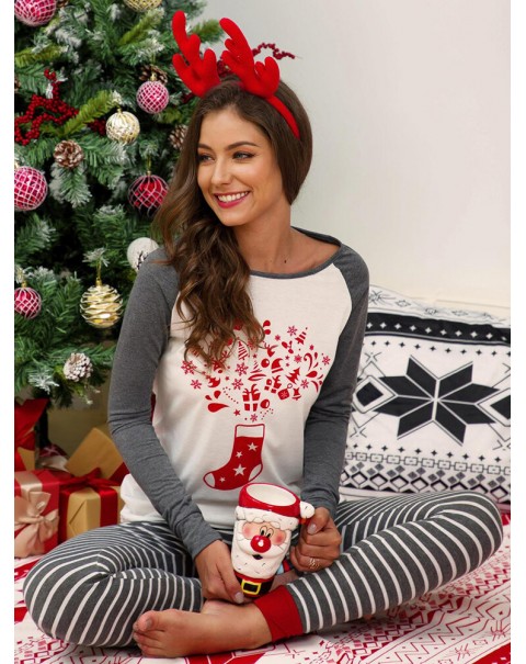Women Christmas Raglan Sleeves Long Sleeve Pullover Stripe Jogger Pants Cozy Home Two Piece Pajama Set - Red 14
