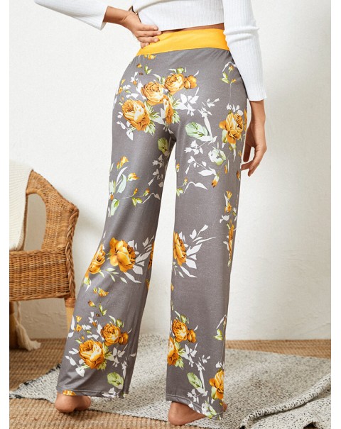 Women Plus Size Flowers Print Drawstring Waist Loose Home Casual Pajamas Pants - Yellow 8