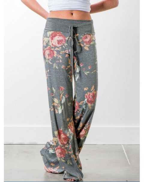 Women Plus Size Flowers Print Drawstring Waist Loose Home Casual Pajamas Pants - Yellow 8