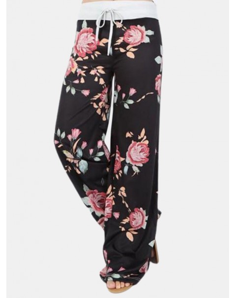 Women Plus Size Flowers Print Drawstring Waist Loose Home Casual Pajamas Pants - Yellow 8