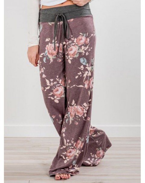 Women Plus Size Flowers Print Drawstring Waist Loose Home Casual Pajamas Pants - Yellow 8