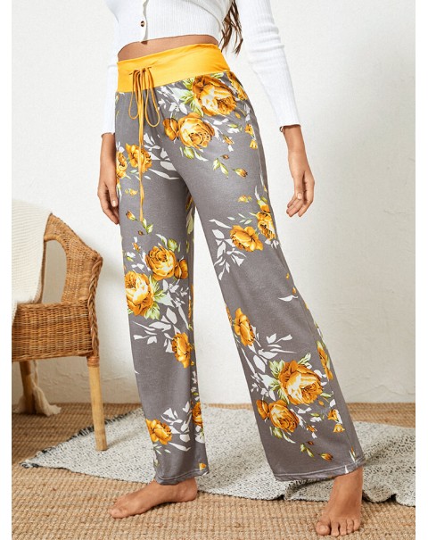 Women Plus Size Flowers Print Drawstring Waist Loose Home Casual Pajamas Pants - Yellow 8