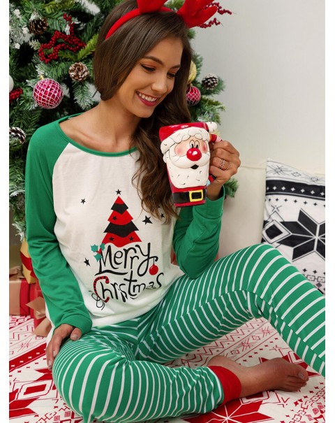 Women Christmas Raglan Sleeves Long Sleeve Pullover Stripe Jogger Pants Cozy Home Two Piece Pajama Set - Red 14