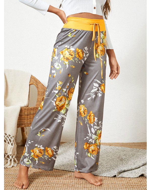Women Plus Size Flowers Print Drawstring Waist Loo...