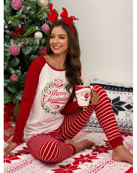 Women Christmas Raglan Sleeves Long Sleeve Pullover Stripe Jogger Pants Cozy Home Two Piece Pajama Set - Red 14