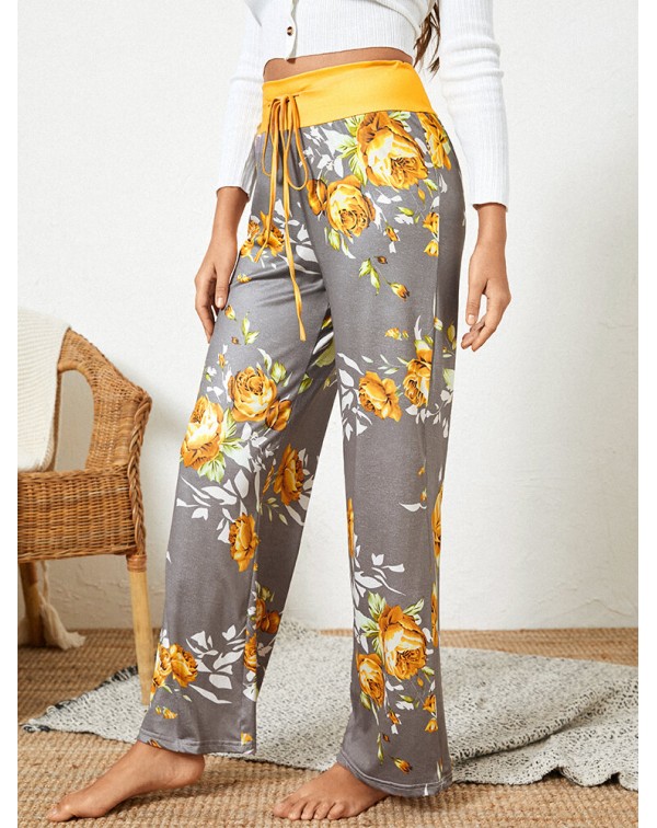 Women Plus Size Flowers Print Drawstring Waist Loo...